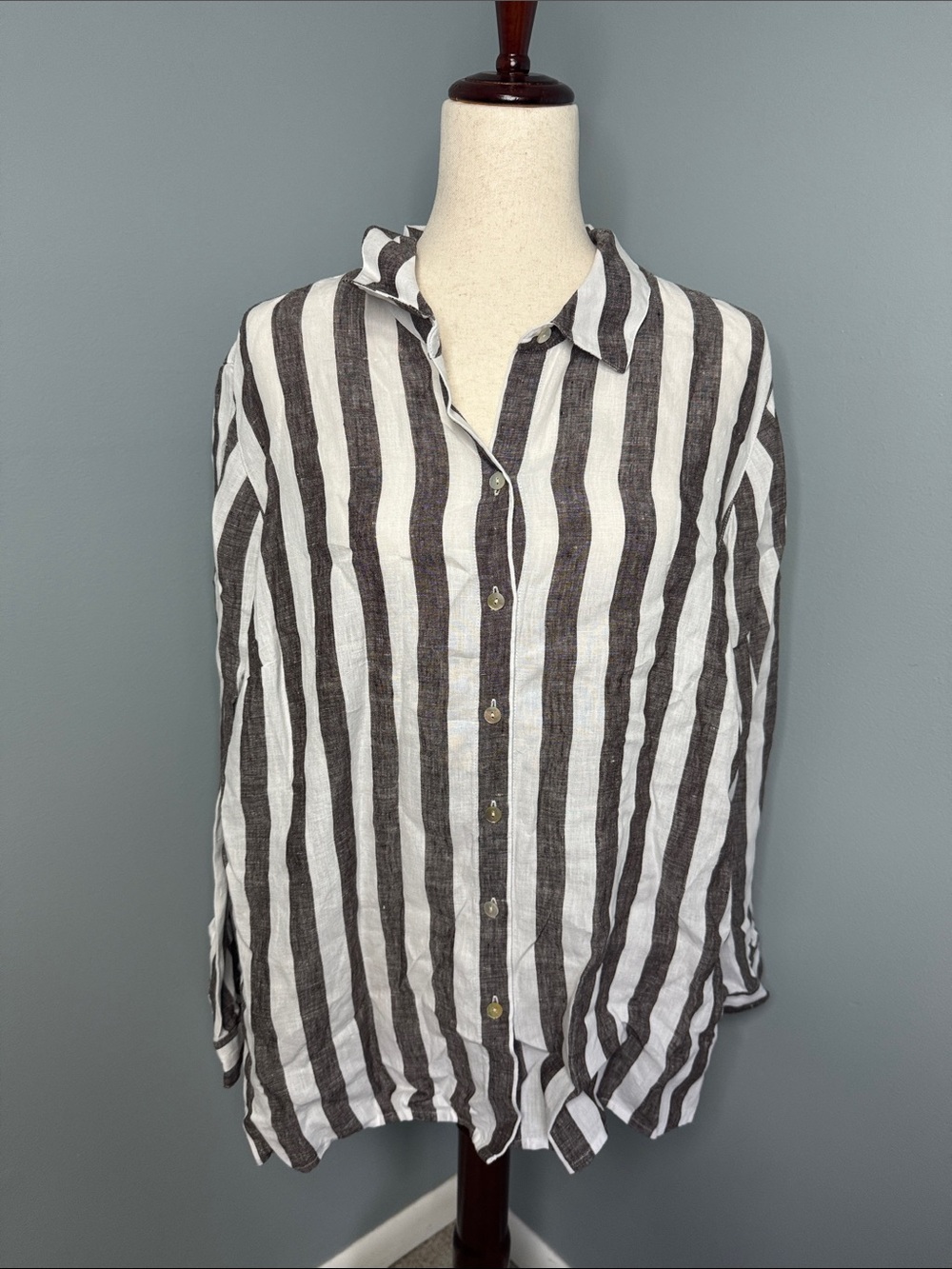 J. Jill Women’s Gray/White Striped Button-Up Linen Shirt Sz XL Petite
